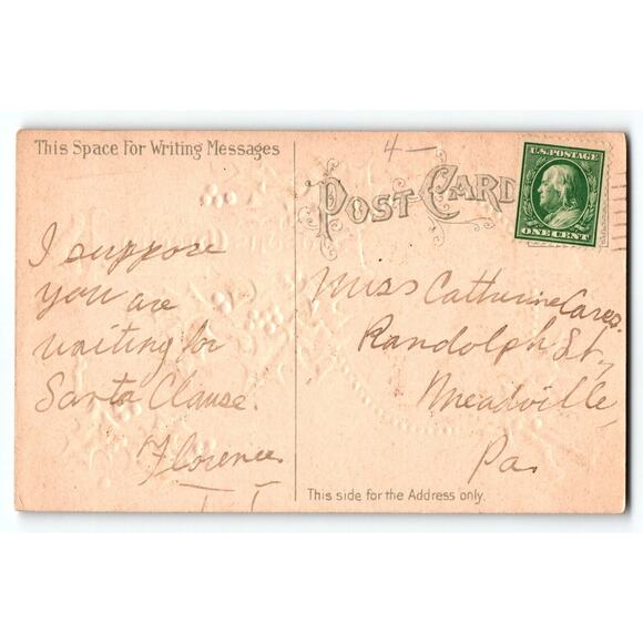 Santa Claus Christmas Postcard Saint Nick Wreath Decoration Toy Sack Vintage - Picture 2 of 2